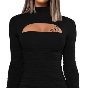 Black Long Sleeve Cut Out Bodycon Ruched Dress